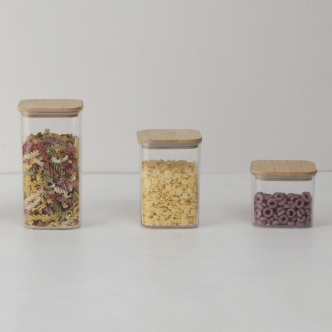 Cutii de depozitare alimente, set din 6 cutii de tip container, cutii pentru cereale, din plastic, capac din bambuc, 2pc 0.5 l. 2pc 0.8 l, 2pc 1.2 l, transparente [2]