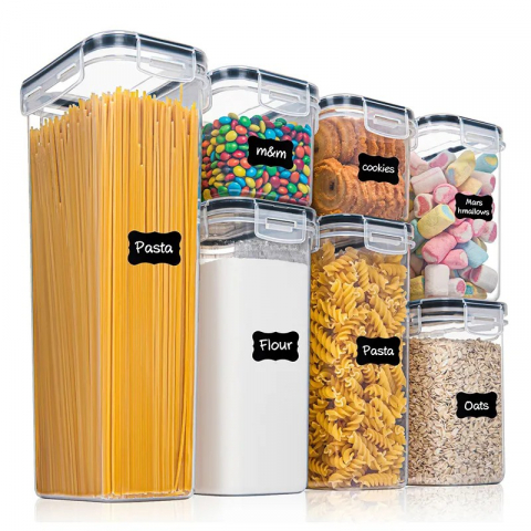 Recipiente pentru alimente de baza, gustari si cereale - Cutii de depozitare alimente, set din 7 cutii pentru condimente, cereale, cutii pentru bucatarie, din plastic pp, cutii alimentare, diferite dimensiuni, transparente