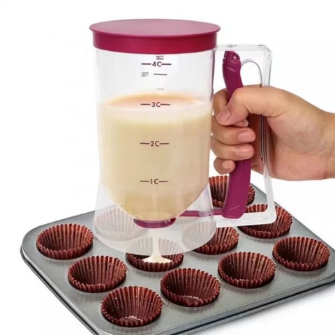 Ajutoare pentru gatit - Dispenser de aluat pentru prajituri, din plastic, maner cu arc, 900 ml, 18.5 x 11 cm, rosu