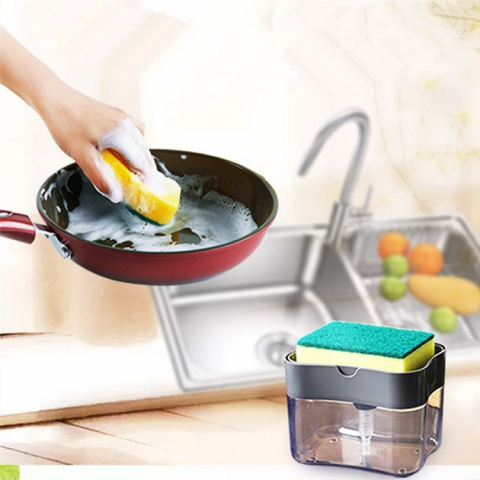 Dozator  dispenser 2 in 1 pentru detergent lichid de vase sau pentru obiecte sanitare cu suport pentru burete de bucatarie ,14 x 10.5 x 10 cm, capacitate 380 ml, gri [3]