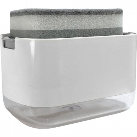Accesorii și ustensile in bucatarie - Dozator  dispenser 2 in 1 pentru detergent lichid de vase sau pentru obiecte sanitare cu suport pentru burete de bucatarie , 8.6 x 14.5 x 10 cm, capacitate 300 ml, alb