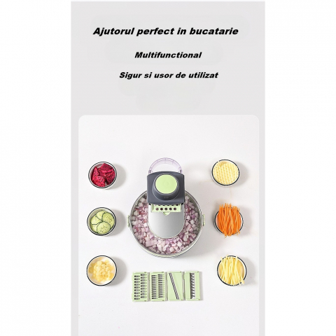 Feliator multifunctional, razatoare, 8 in 1, pentru fructe si legume, 12 piese, lame de inox, recipient stocare, separator oua, protectie mana, abs, gri/verde, 29.5x9x21.8 cm [2]