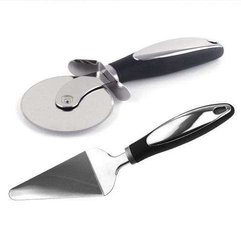 Ajutoare pentru gatit - Feliator si lopatica pentru pizza, set din 2 ustensile, otel inoxidabil, maner antiderapant, 26.5 x 8 x 3 cm, negru