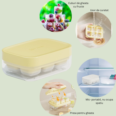 Forma pentru gheata cu presa  din silicon alimentar, 6 cuburi, caserola pentru depozitare, usor de folosit si curatat, 10.5 x 7.5 x 4.1 cm, galben [1]