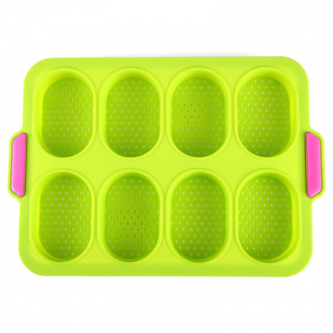 Ajutoare pentru gatit - Forme de silicon pentru copt, 8 forme ovale, pentru paine si prajituri, 34.5 x 23.8 x 2.5 cm, verde/roz