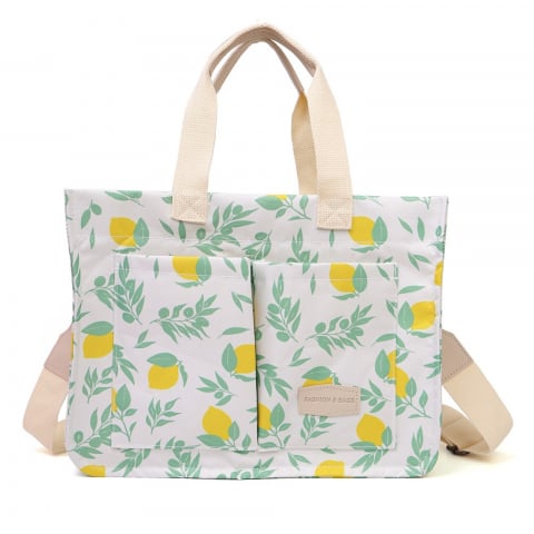 Genti, organizatoare şi accesorii voiaj - Geanta de mana/umar, multifunctionala, inchidere cu capsa, imprimeu lamai, material textil, 33.5 x 25 x 14.5 cm, alb/galben