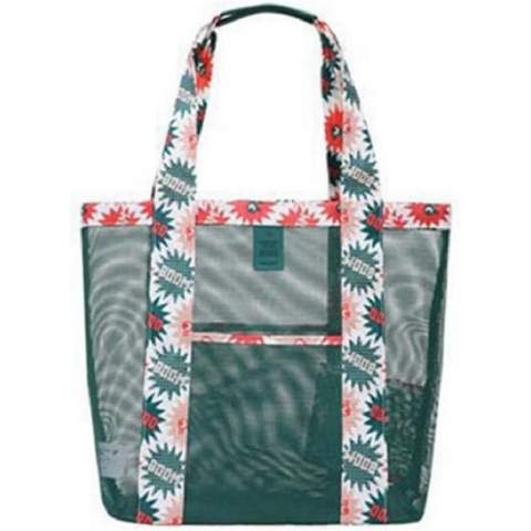 Organizatoare, perne voiaj şi accesorii - Geanta de plaja, din plasa transparenta, imprimeu boom, 43 x 10 x 33 cm, model pentru umar, lungime inferioara 33 cm, verde