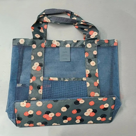 Geanta de plaja, din plasa transparenta, imprimeu floral, 43 x 10 x 33 cm, model pentru umar, lungime inferioara 33 cm, albastru [9]