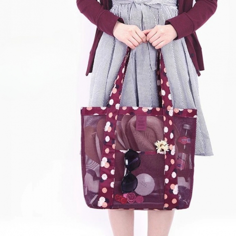 Geanta de plaja, din plasa transparenta, imprimeu floral, 43 x 10 x 33 cm, model pentru umar, lungime inferioara 33 cm, burgundy [2]
