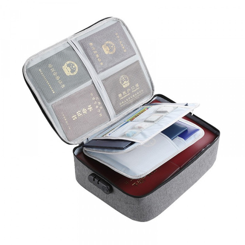 Organizatoare, perne voiaj şi accesorii - Geanta  pentru depozitare acte si documente, facturi, carduri, cu cod de securitate, 3 compartimente, impermeabila, 37 x 10.5 x 27 cm, gri