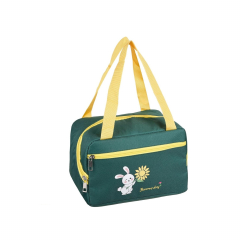 Genți termice pentru adulți - Geanta termo-izolanta, compartimente telefon si tacamuri, multifunctionala, impermeabila, 30x21x20 cm, design iepuras, verde