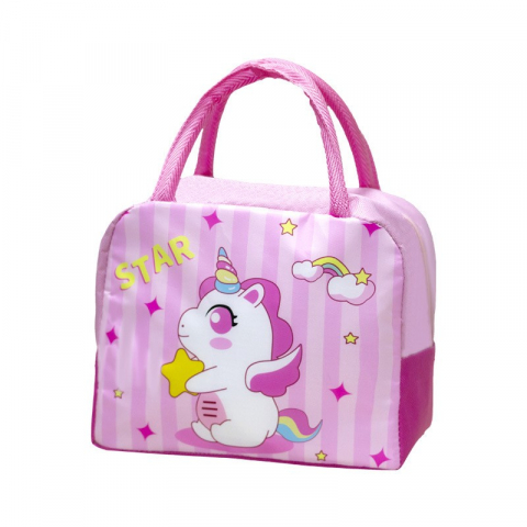 Caserole, genți termice și organizatoare pastile - Geanta termoizolanta pentru copii, 23x13x19 cm, model imprimeu unicorn, din folie de aluminiu si panza oxford, roz