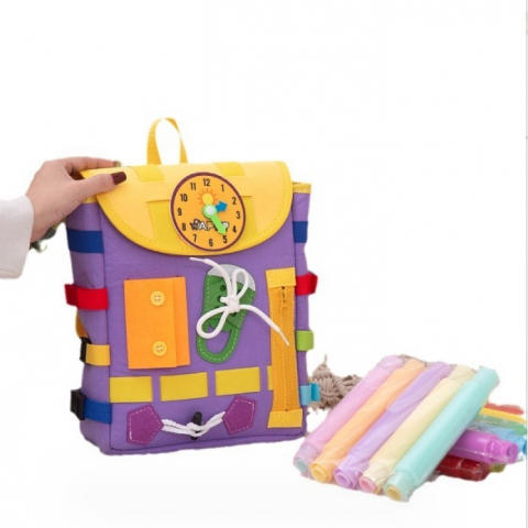 Ghiozdan montessori, pentru copii 2-6 ani, fidget pop, cu catarame si fermoare, jucarii senzoriale, activitate de invatare prin joc, mov, 0.25 kg, 28x10x23 cm [3]