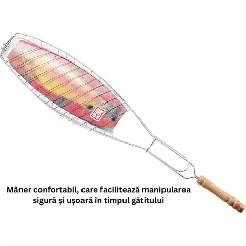 Gratar grill inox pentru peste, cu maner, de dimensiuni reduse, usor de transportat si depozitat, argintiu, 56x12 cm [4]