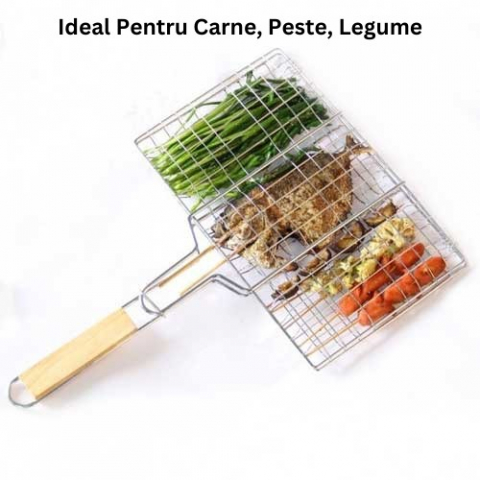 Gratar pentru peste si carne, suprafata utila 32x19 cm, otel inoxidabil, cu maner, portabil, argintiu [5]