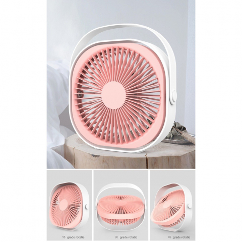 Mini ventilator pentru birou cu usb, rotire 360 grade, 3 viteze, 1500 ma, 13.5 x 12,8, roz [3]