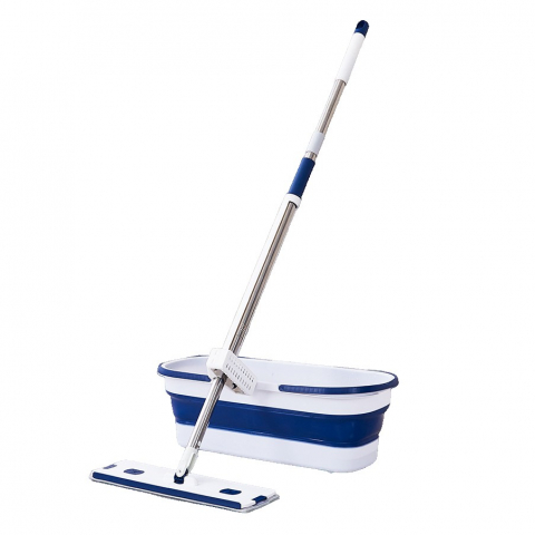 Mop plat, cu galeata pliabila, 2 rezerve din microfibra, 127 cm tija telescopica, utilizare umeda/uscata, recipient lichid, albastru [3]