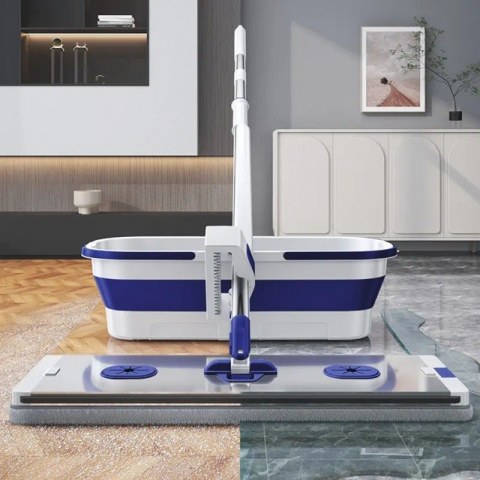 Mop plat, cu galeata pliabila, 2 rezerve din microfibra, 127 cm tija telescopica, utilizare umeda/uscata, recipient lichid, albastru [1]