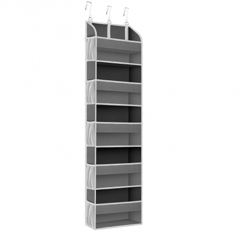 Organizare pentru casă - Organizator suspendat pentru usi, din nailon si plasa, baza de carton ingrosat, 5 buzunare principale + 10 buzunare laterale, 140 x 39 x 17 cm, 3 carlige incluse, gri