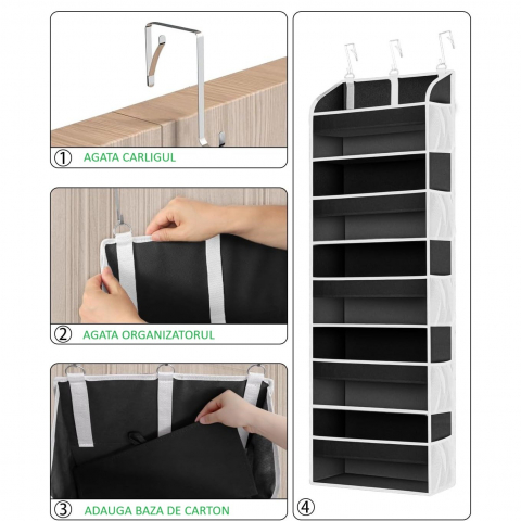 Organizator suspendat pentru usi, din nailon si plasa, baza de carton ingrosat, 5 buzunare principale + 10 buzunare laterale, 140 x 39 x 17 cm, 3 carlige incluse, negru [1]