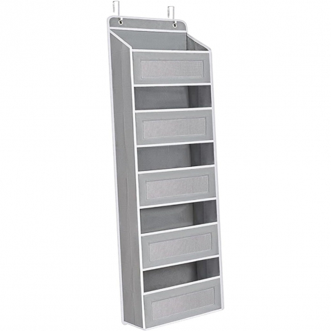 Promo rapid - Organizator suspendat pentru usi, din nailon si plasa, baza de carton ingrosat, 5 buzunare principale + 5 buzunare laterale, 146 x 40 x 17 cm, 2 carlige incluse, gri
