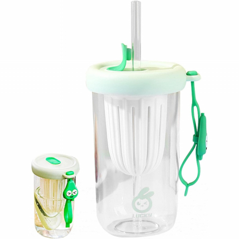Pahar din silicon, cu capac si pai, pentru copii, anti-cadere, compartiment pentru fructe/ceai/gheata, rezistent la temperaturi inalte, 500ml, verde, 14.5x8.8x20 cm [3]