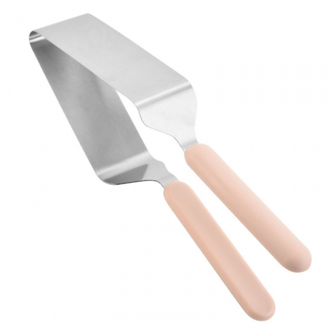 Accesorii și ustensile in bucatarie - Paleta pentru taiat si servit prajituri, otel inoxidabil, maner usor de prins, divizor triunghiular, 27 x 12 cm, roz