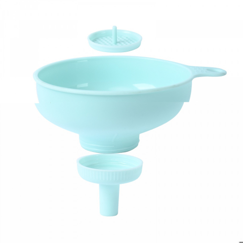 Accesorii și ustensile in bucatarie - Palnie din plastic 3 in 1  doua dimensiuni de scurgere, cu filet si filtru, diametru scurgere 5.4 cm, 11.5 x 16.7 cm, albastru