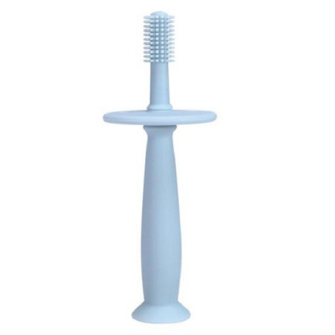 Îngrijire, transport și organizare pentru bebeluși și copii - Periuta de dinti din silicon pentru bebelusi, fara bpa, 360 grade, bariera anti-inghitire, maner ergonomic, 12.5 x 15 cm, albastru