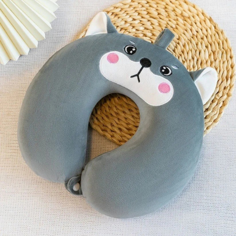 Perna de calatorie in forma de u, pentru gat si cap, umplutura din spuma cu memorie, 30x30 cm, model husky, accesoriu de voiaj, birou, masina, sistem prindere capse, gri [1]