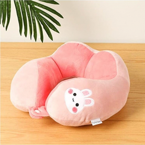 Organizatoare, perne voiaj şi accesorii - Perna de calatorie, pentru gat si cap, umplutura din bumbac, 28x28x10 cm, cu model brodat iepure, roz