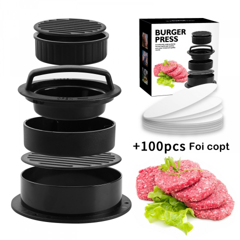 Presa dubla pentru hamburgeri 2 in 1, forma si presa, doua dimensiuni, cu maner, usor de curatat si folosit, material abs, 100 de foi hartie de copt incluse, 13x13.5x7 cm, fara lipire, neagra [1]