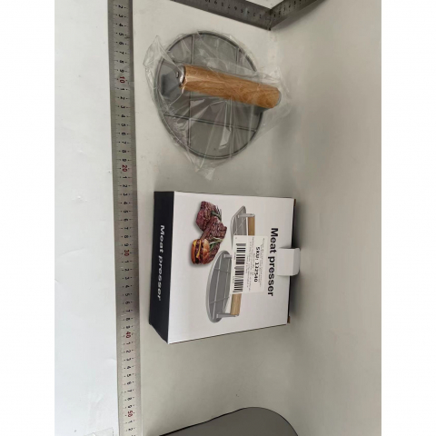 Presa manuala pentru carne, din aliaj de aluminiu, maner din lemn, presa pentru burgeri, usor de curatat si folosit, rotunda, 16x16x6 cm, gri [1]