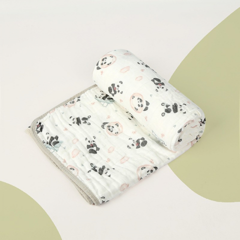 Promo rapid - Prosop de baie din bumbac si tifon pentru bebelusi, cu sase straturi, pentru copii, 110x110 cm, model panda, bej verde