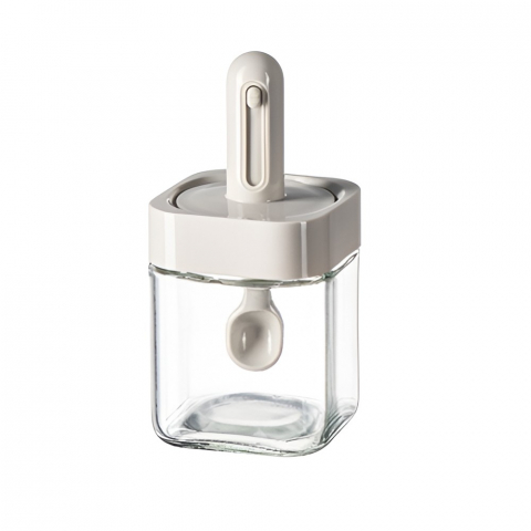 Organizatoare si accesorii pentru bucatarie - Recipient pentru depozitarea condimentelor, borcan din sticla, capac si lingura incorporate, uz casnic, 300 ml, 7.1x7.1x14.8 cm, gri
