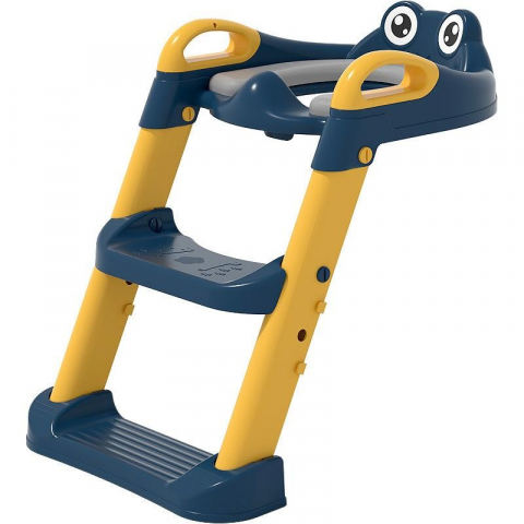 Promo rapid - Reductor si scaunel inaltator wc, pentru copii 1 - 7 ani, 2 trepte reglabile, pliabil, colac moale, cu spatar si manere, inaltime 54/58 cm x 39.5 x 35 cm, din plastic+pvc, albastru/portocaliu