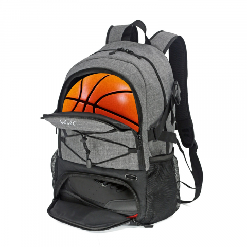 Genti, organizatoare şi accesorii voiaj - Rucsac de baschet multifunctional, pentru calatorie, sport, scoala, cu compartiment pentru pantofi si minge, 32 litri, 45x32x22 cm, gri-negru
