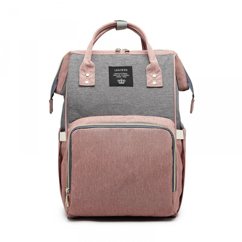 Promo rapid - Rucsac multifunctional pentru mamici, din panza oxford, compartimentare multipla, impermeabil, 43 x 18 x 26 cm, roz/gri