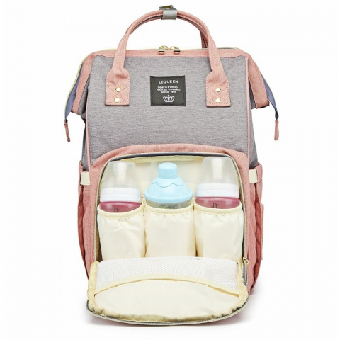 Rucsac multifunctional pentru mamici, din panza oxford, compartimentare multipla, impermeabil, 43 x 18 x 26 cm, roz/gri [7]