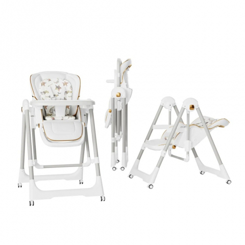 Promo rapid - Scaun de masa 2in1, pentru copii 6 luni - 4 ani, pliabil, cu roti, balansoar, leagan, reglabil, tava de masa dubla, centura in 5 puncte, 96 x 56 x 76 cm, alb