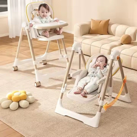 Scaun de masa 2in1, pentru copii 6 luni - 4 ani, pliabil, cu roti, balansoar, leagan, reglabil, tava de masa dubla, centura in 5 puncte, 96 x 56 x 76 cm, sampanie [2]