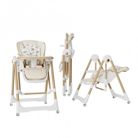 Promo rapid - Scaun de masa 2in1, pentru copii 6 luni - 4 ani, pliabil, cu roti, balansoar, leagan, reglabil, tava de masa dubla, centura in 5 puncte, 96 x 56 x 76 cm, sampanie