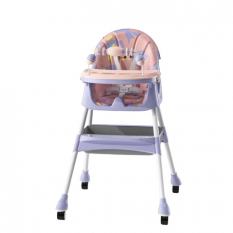 Promo rapid - Scaun de masa 2in1, pentru copii de la 6 luni - 5 ani, inaltime reglabila, centura in 5 puncte, tava de masa, roti cu frana, cos depozitare, jucarie inclusa, 94 x 78 x 60 cm, roz/mov