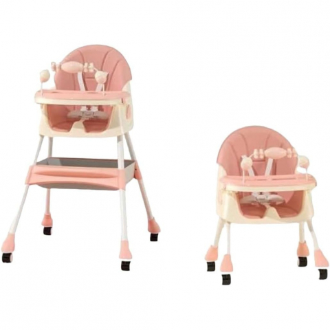 Scaun de masa 2in1, pentru copii de la 6 luni - 5 ani, inaltime reglabila, centura in 5 puncte, tava de masa, roti cu frana, cos depozitare, jucarie inclusa, 94 x 78 x 60 cm, roz [4]