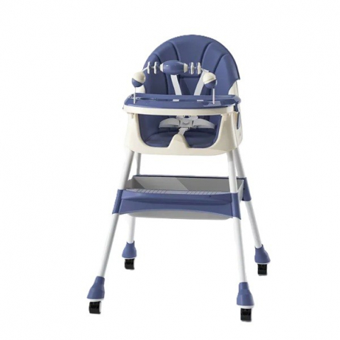 Promo rapid - Scaun de masa 2in1, pentru copii de la 6 luni - 5 ani, inaltime reglabila, centura in 5 puncte, tava de masa, roti cu frana, cos depozitare, jucarie inclusa, 94 x 78 x 60 cm, albastru/alb