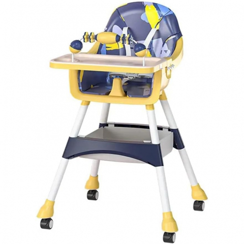 Promo rapid - Scaun de masa 2in1, pentru copii de la 6 luni - 5 ani, inaltime reglabila, centura in 5 puncte, tava de masa, roti cu frana, cos depozitare, jucarie inclusa, 94 x 78 x 60 cm, albastru/galben