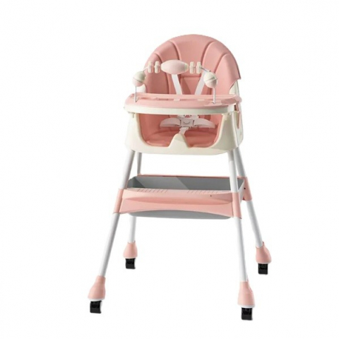 Promo rapid - Scaun de masa 2in1, pentru copii de la 6 luni - 5 ani, inaltime reglabila, centura in 5 puncte, tava de masa, roti cu frana, cos depozitare, jucarie inclusa, 94 x 78 x 60 cm, roz