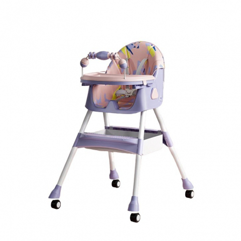 Promo rapid - Scaun de masa pe roti pentru copii, 2 tavite si husa detasabile, multifuncțional, stabil, centura de siguranta, spatar reglabil moale, balansoar, cos de depozitare, de la 6 luni, mov