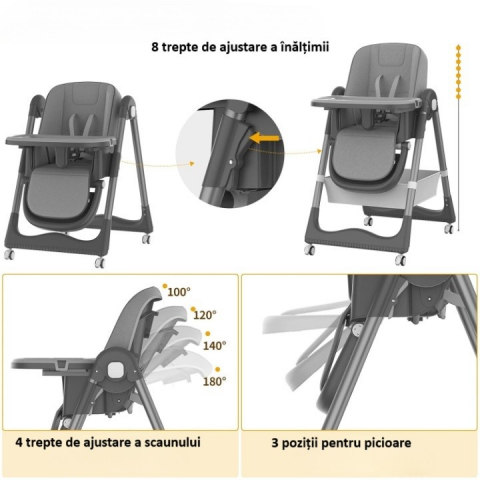 Scaun de masa pentru bebelusi si copii, 2 tavite si husa detasabile, multifuncțional, stabil, centura de siguranta, inaltime ajustabila, spatar reglabil moale, cos de depozitare, 100x50x80cm, de la 6 luni, gri [2]