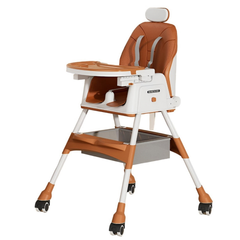 Promo rapid - Scaun de masa pentru bebelusi si copii  cu roti, cu tetiera, telescopic, pliabil, masuta reglabila, suport picioare, scaun cu invelis piele artificiala, centura siguranta, spatiu depozitare, 97 x 73 x 65 cm, maro